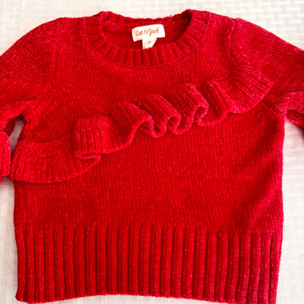 Cat & Jack Girls 3T Red Chenille Ruffle Sleeve Sweater Valentine Cozy Pullover - Picture 4 of 6